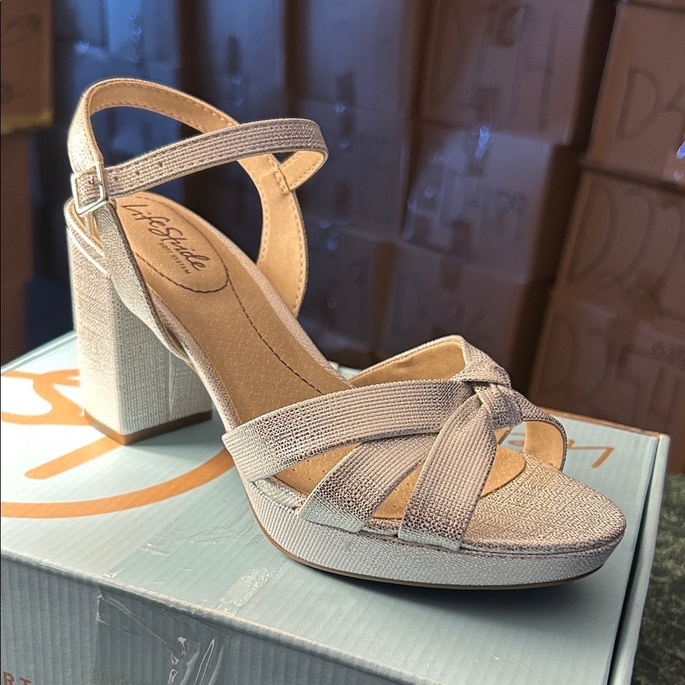 Life Stride Women's Silver Block Heel Sandals